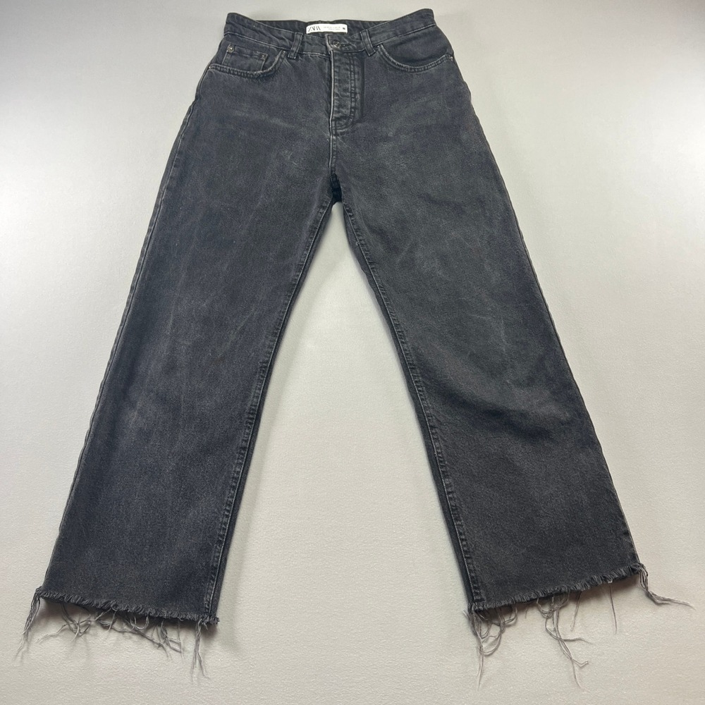 Zara Cropped Jeans Women 4 Black Denim High Rise Wide Leg Fringe Hem Street Wear